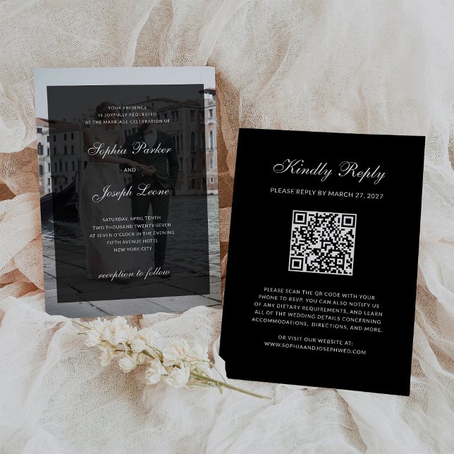 Formal Classic Dark Overlay QR Code Photo Wedding Invitation (Creator Uploaded)