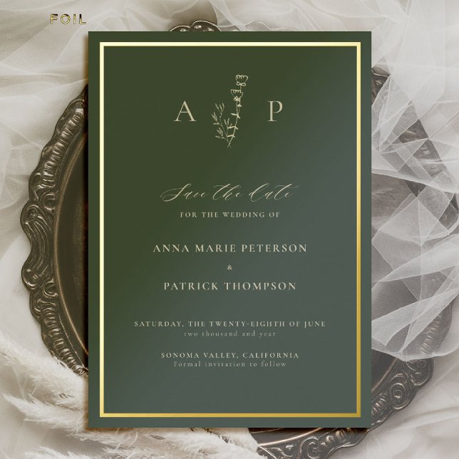 Formal Classic Delicate Sage Wedding Save the Date (sage wedding save the date minimalist gold formal modern classic traditional botanical monograms)