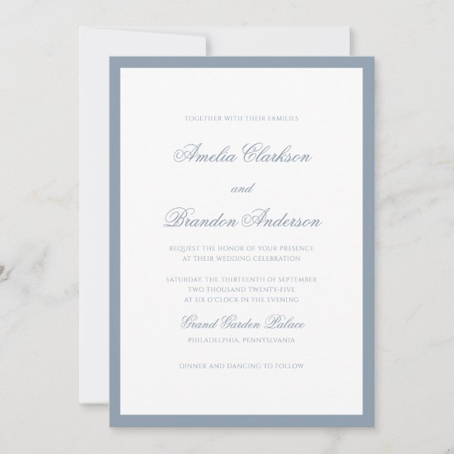 Formal Classic Dusty Blue Border Script Wedding Invitation (Front)