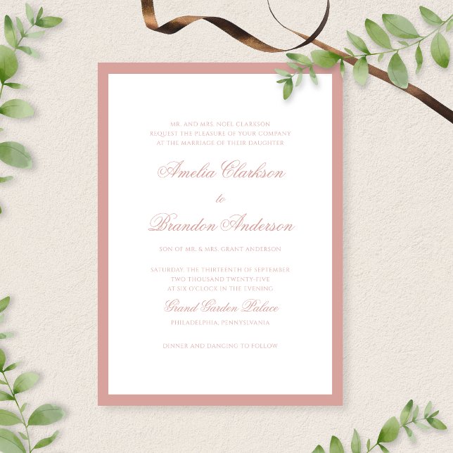 Formal Classic Dusty Rose Border Script Wedding Invitation (Creator Uploaded)