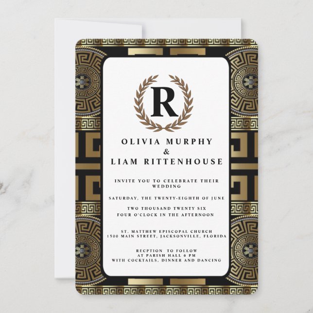 Formal Classic Grecian Key of Life Laurel Wreath Invitation (Front)
