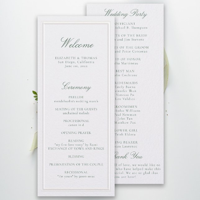 Formal Classic Green Pearl Frame Wedding Program (modern classic wedding program forest green type double frame formal traditional stately pearl)