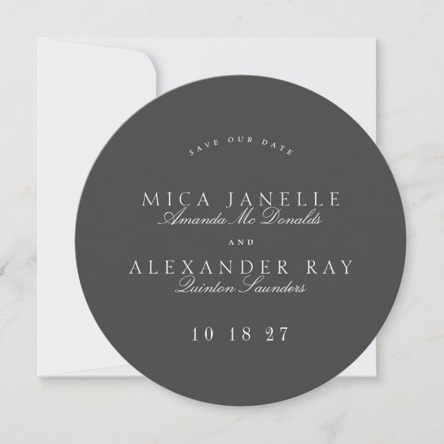 Formal Classic Grey Calligraphy Round Photo Save The Date (Front)