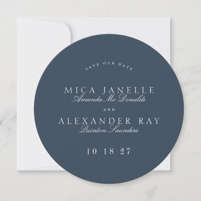 Formal Classic Navy Blue Calligraphy Round Photo Save The Date (Front)