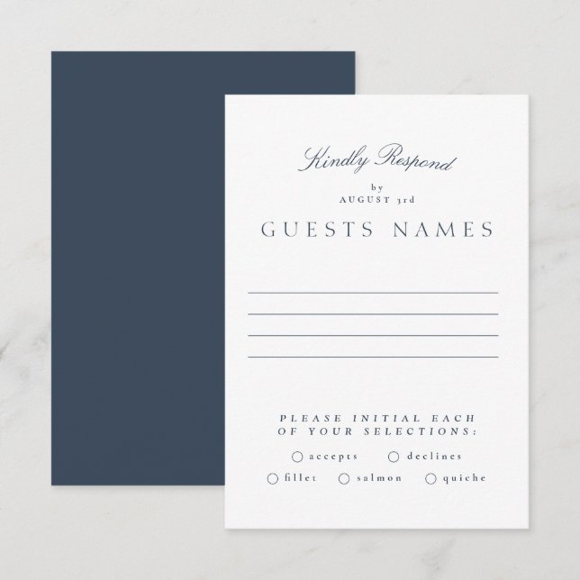 Formal Classic Navy Blue Calligraphy Wedding RSVP Card (Front/Back)