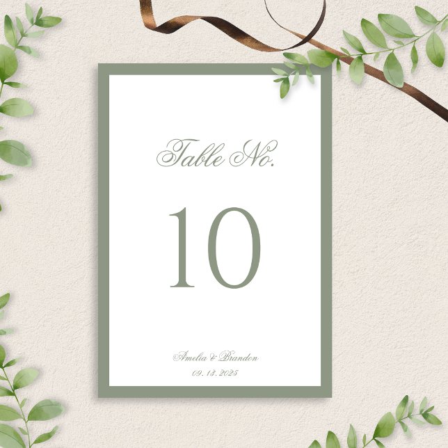 Formal Classic Sage Green Border Script Wedding Table Number (Creator Uploaded)