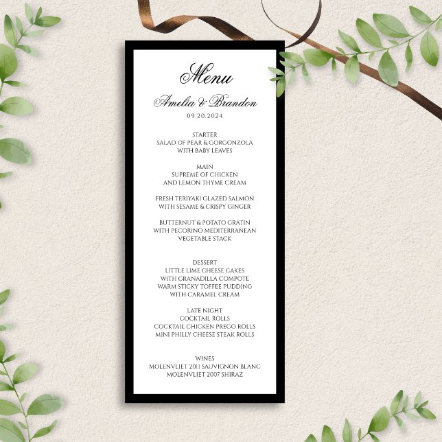 Formal Classic Script Black and White Wedding Menu (Creator Uploaded)
