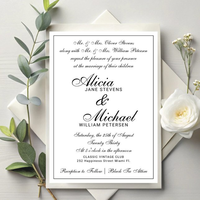 Formal classic traditional vintage white wedding invitation (Creator Uploaded)