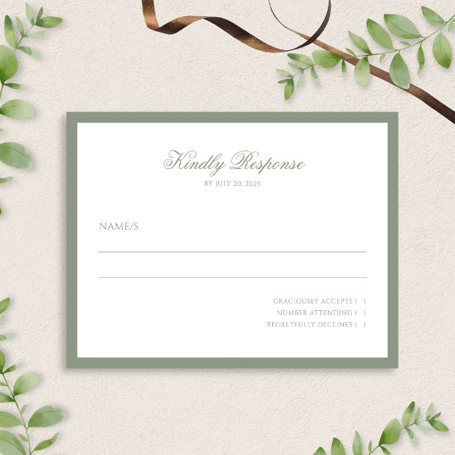 Formal Classy Sage Green Border Script Wedding  RSVP Card (Creator Uploaded)