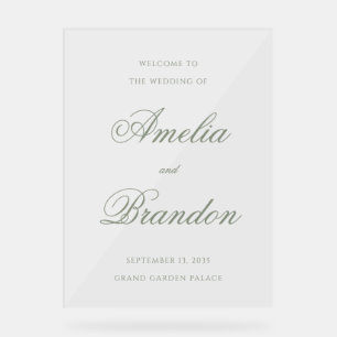 Formal Clear Sage Green Script Wedding Welcome Acrylic Sign