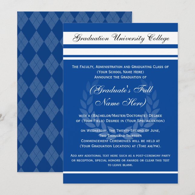 Formal College Graduation Announcements Royal Blue (Front/Back)