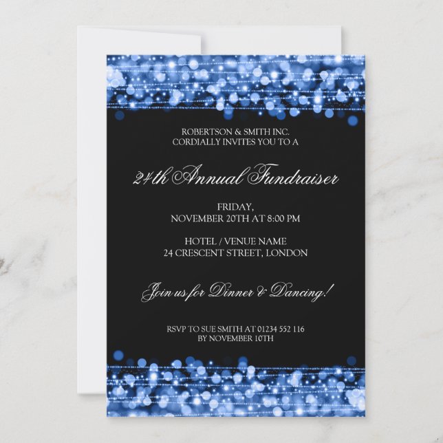 Formal Corporate Fundraiser Party Sparkles Blue Invitation (Front)