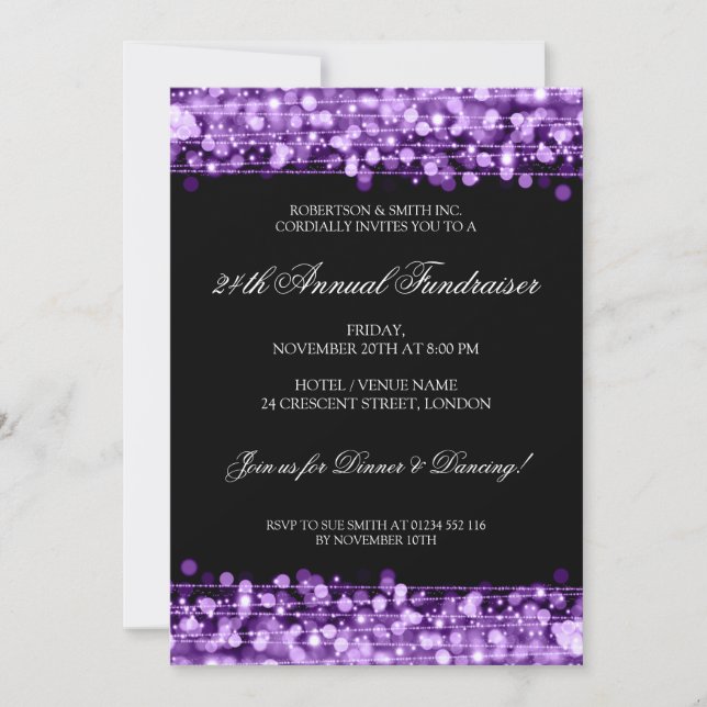 Formal Corporate Fundraiser Party Sparkles Purple Invitation (Front)