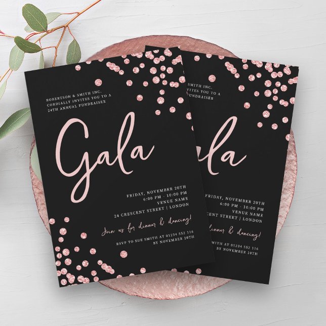 Formal Corporate Gala Rose Gold Confetti Black Invitation (Formal Corporate Gala Rose Gold Confetti Black Invitation)
