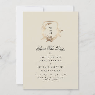 Formal Cream Black Monogram Gold Crest Photo Save The Date