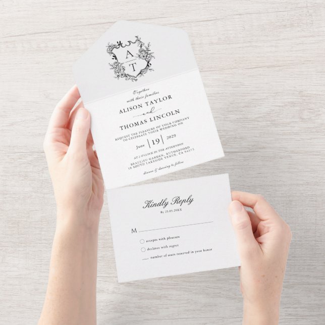 Formal Crest Black and White Monogram Wedding All In One Invitation (Tearaway)