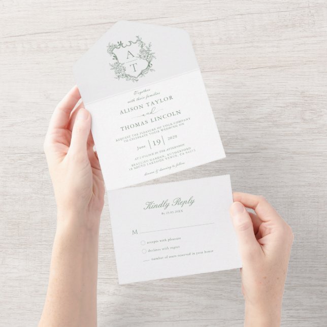 Formal Crest Sage Green Monogram Wedding All In One Invitation (Tearaway)