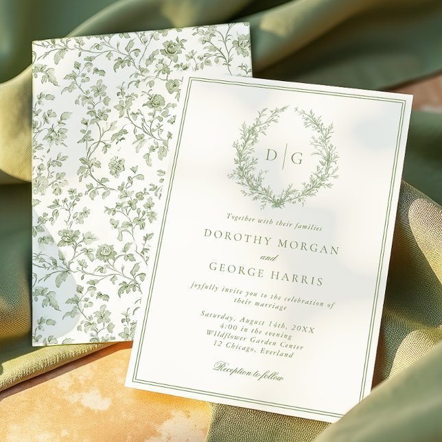 Formal Crest Sage Green Monogram Wedding Invitation (Creator Uploaded)