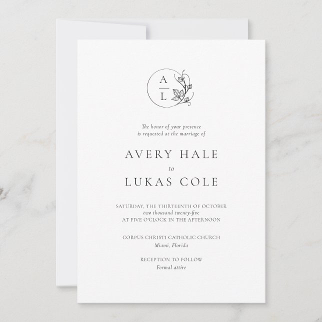 Formal Crest White Black Elegant Wedding  Invitation (Front)