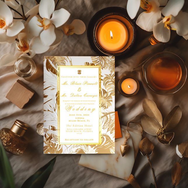 Formal Destination Wedding Gilded Gold Monstera  Invitation (Formal Elegant Gilded Gold Destination Wedding Tropical Invitation)
