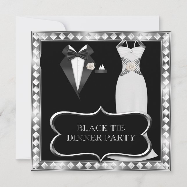Formal Dinner Party White Black Tie Hollywood Invitation (Front)