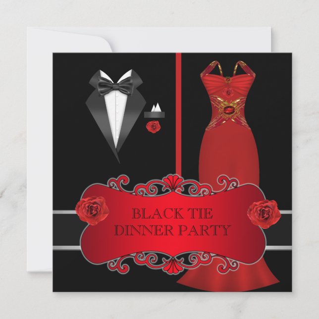 Formal Dinner Party White Black Tie Red 2C Invitation (Front)