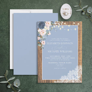 Formal Dusty Blue Blush Rustic Wood Lace Script Invitation