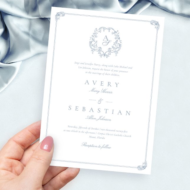 Formal Dusty Blue Crest Monogram Wedding Invitation (Creator Uploaded)
