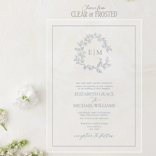 Formal Dusty Blue Leafy Crest Monogram Wedding Acrylic Invitations (Creator Uploaded)