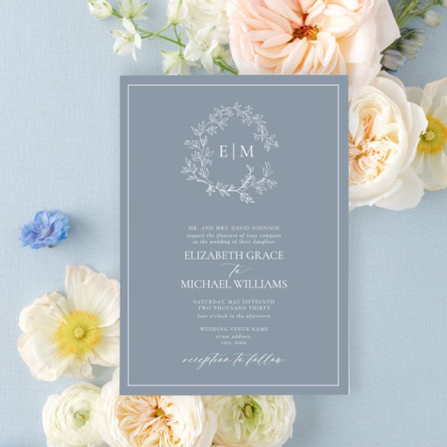 Formal Dusty Blue Leafy Crest Monogram Wedding Invitation (Creator Uploaded)
