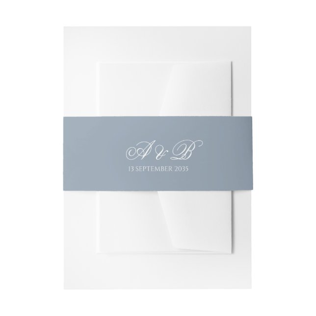 Formal Dusty Blue Monogram Script & Date Wedding Invitation Belly Band (Front Example)