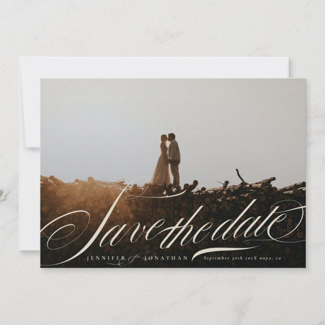 Formal Elegant Beige Calligraphy QR Code Photo Save The Date (Front)