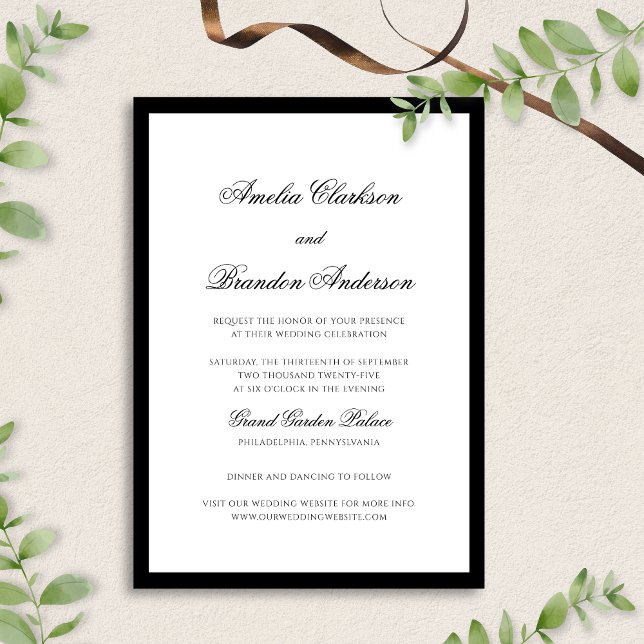 Formal Elegant Black & White Border Script Wedding Invitation (Creator Uploaded)