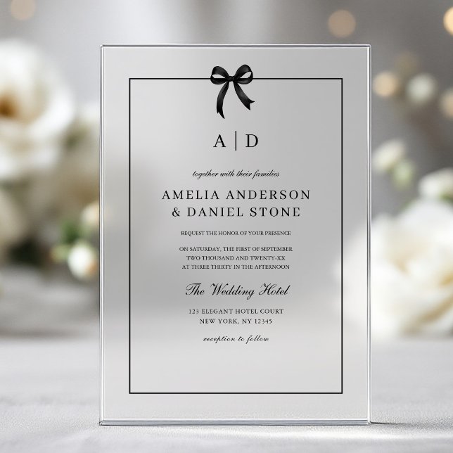 Formal Elegant Black & White Bow Monogram Acrylic Invitations (Creator Uploaded)