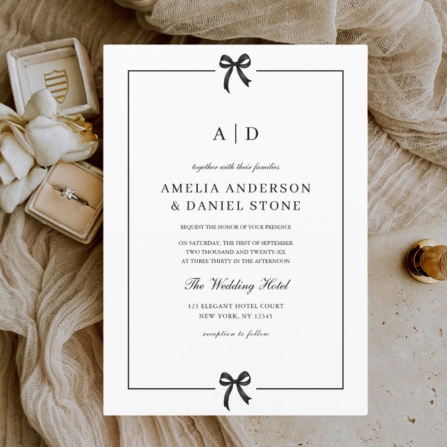 Formal Elegant Black & White Bow Monogram Invitation (Creator Uploaded)