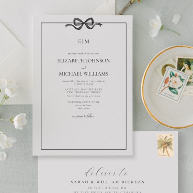 Formal Elegant Black & White Bow Monogram Invitation (Elegant Union: Join Us in Celebrating Love and Commitment)
