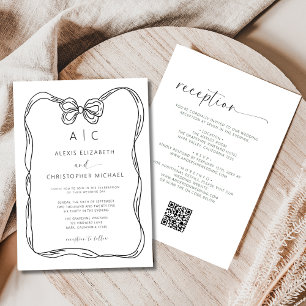 Formal Elegant Black & White Bow Monogram QR Code Invitation