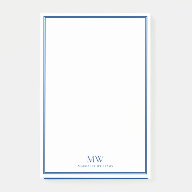 Formal Elegant Blue White Border Name Address Post-it Notes (Front)