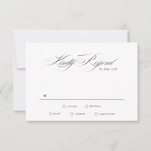 Formal Elegant Calligraphy Black Tie Wedding RSVP Card (Front)