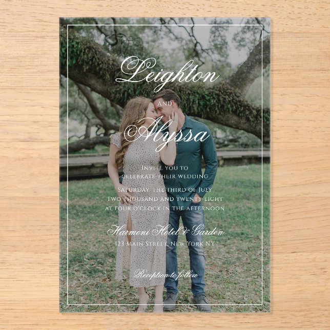 Formal Elegant Calligraphy Photo Overlay Wedding Acrylic Invitations (Front)