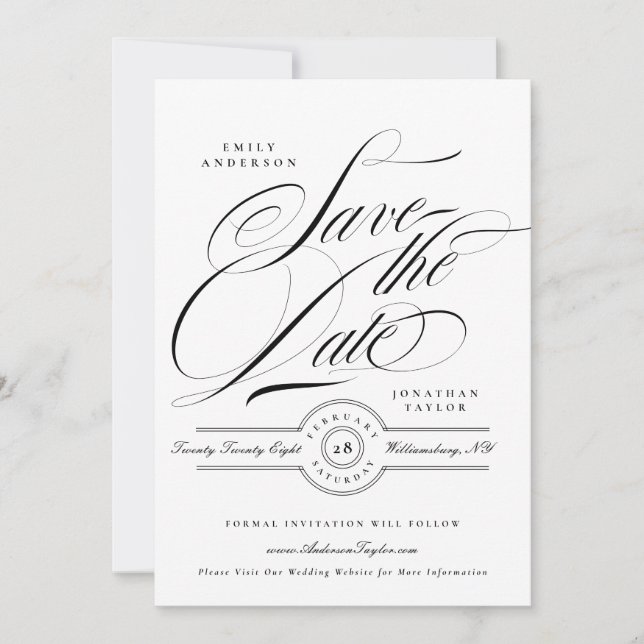 Formal Elegant Calligraphy Wedding Website Photo Save The Date (Front)