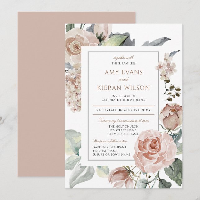 Formal Elegant Floral Dusty Pink Wedding Invitation (Front/Back)