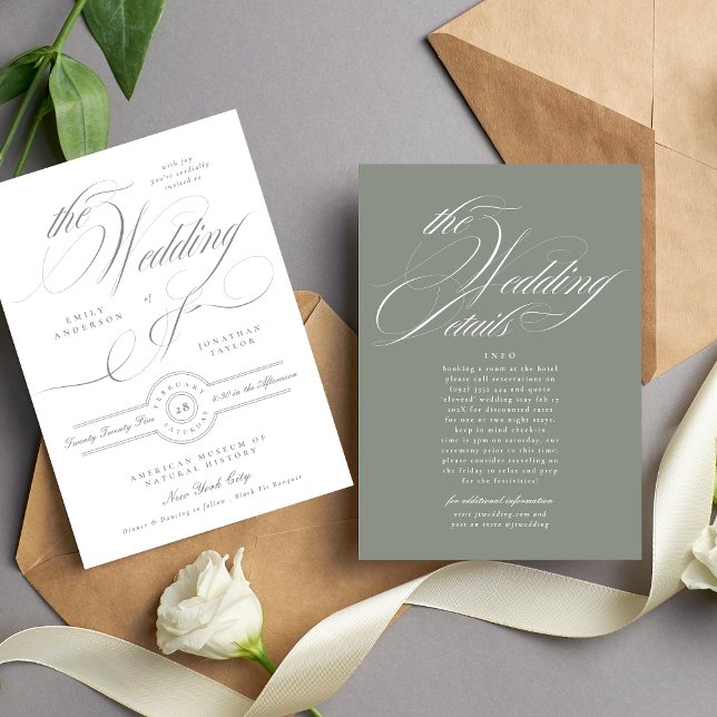 Formal Elegant Grey Green Wedding | Details Back Invitation (Creator Uploaded)