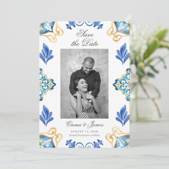 Formal Elegant Italian Tiles Save The Date  Invitation (Standing Front)