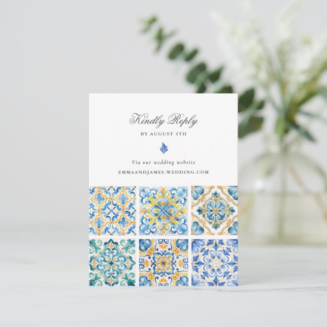 Formal Elegant Italian Tiles Wedding Online RSVP Enclosure Card (Standing Front)