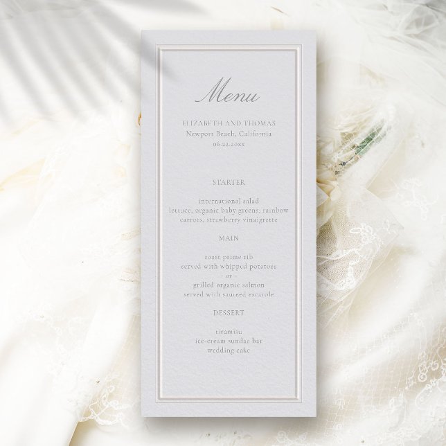 Formal Elegant Modern Classic Ecru Frame Wedding Menu (wedding menu card formal traditional modern classic faux embossed double frame ivory ecru estate)