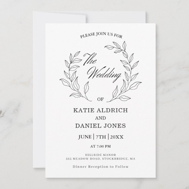 Formal Elegant Modern Leaves Black White Wedding Invitation (Front)