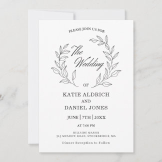 Formal Elegant Modern Leaves Black White Wedding Invitation