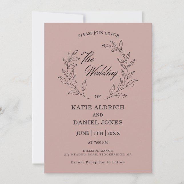 Formal Elegant Modern Leaves Lilac Black Wedding Invitation (Front)