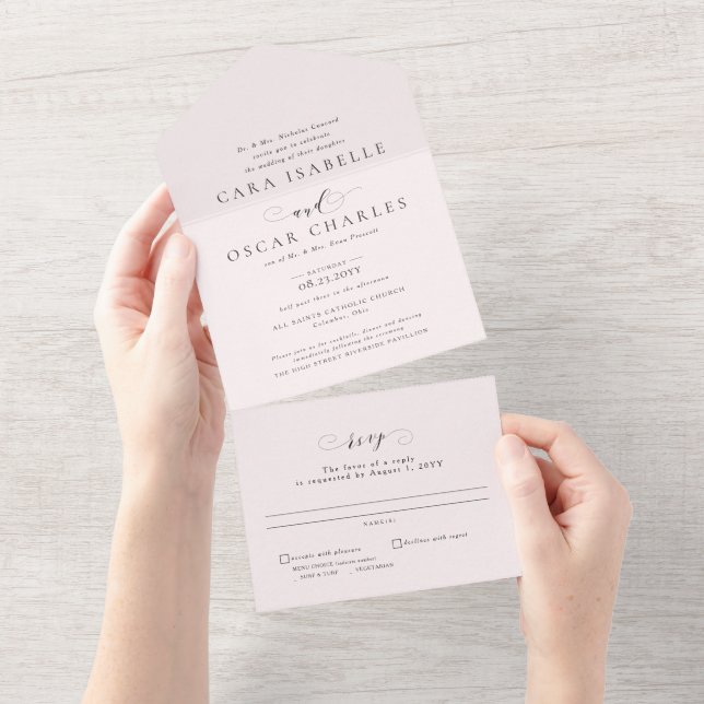Formal elegant pink classic wedding all in one invitation (Tearaway)